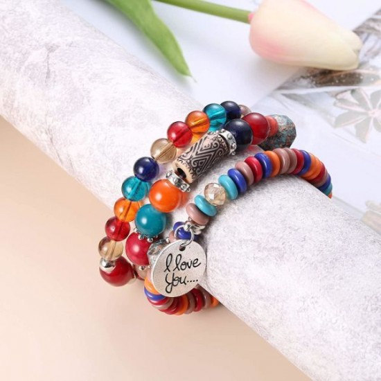 6 Sets Bohemian Stackable Bracelets For Women Multilayered Bead Bracelet Set Boho Stretch Strand Bangles Multicolor Fashion